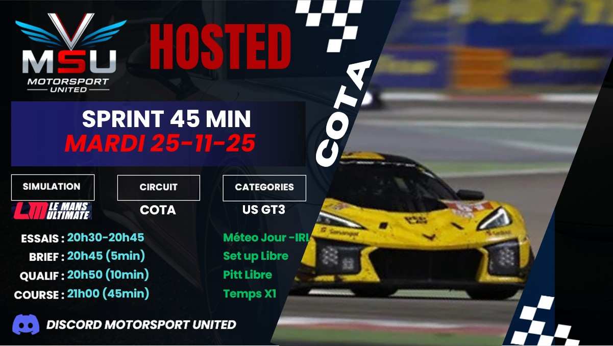 SPRINT 45MN 25/11 COTA court Corvette/ mustang GT3